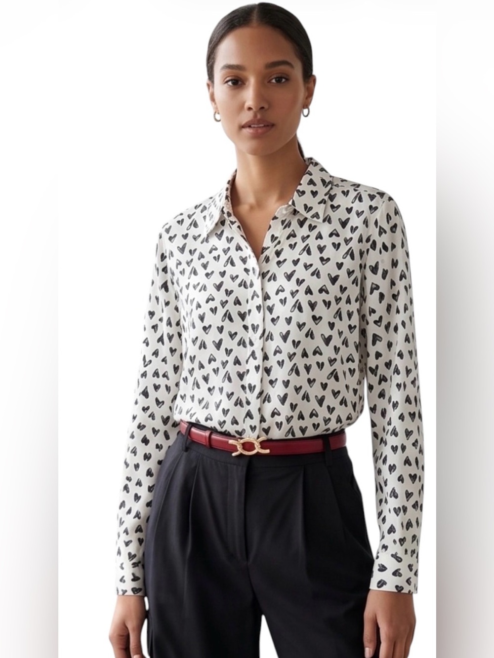 Lucky Brand White Cotton Viscose Blouse with Black Heart Print